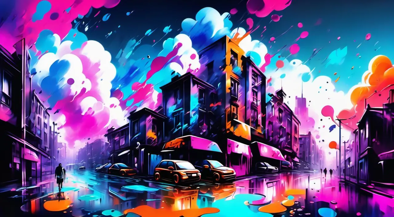 a painting of a city street with buildings and cars