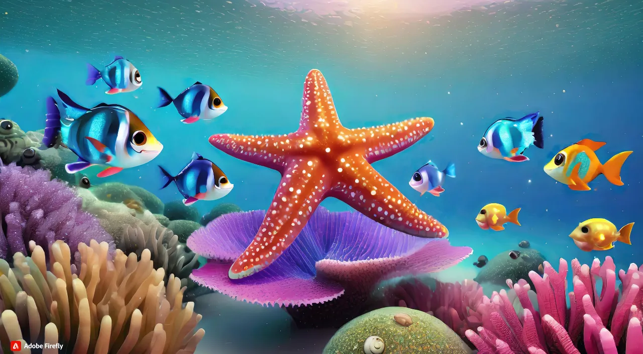 an underwater scene with a starfish and other fish