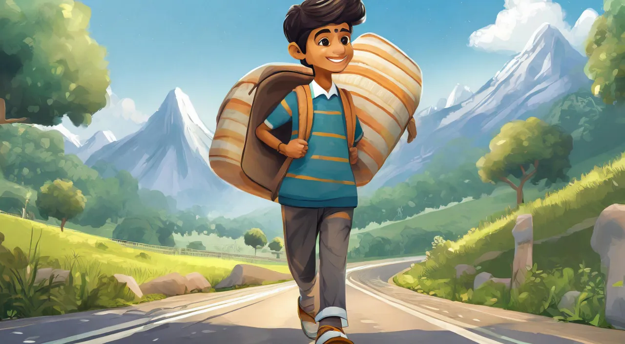 a boy with a backpack walking down a road