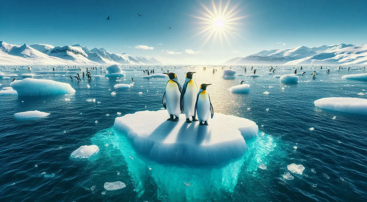 two penguins walking on an iceberg in the ocean