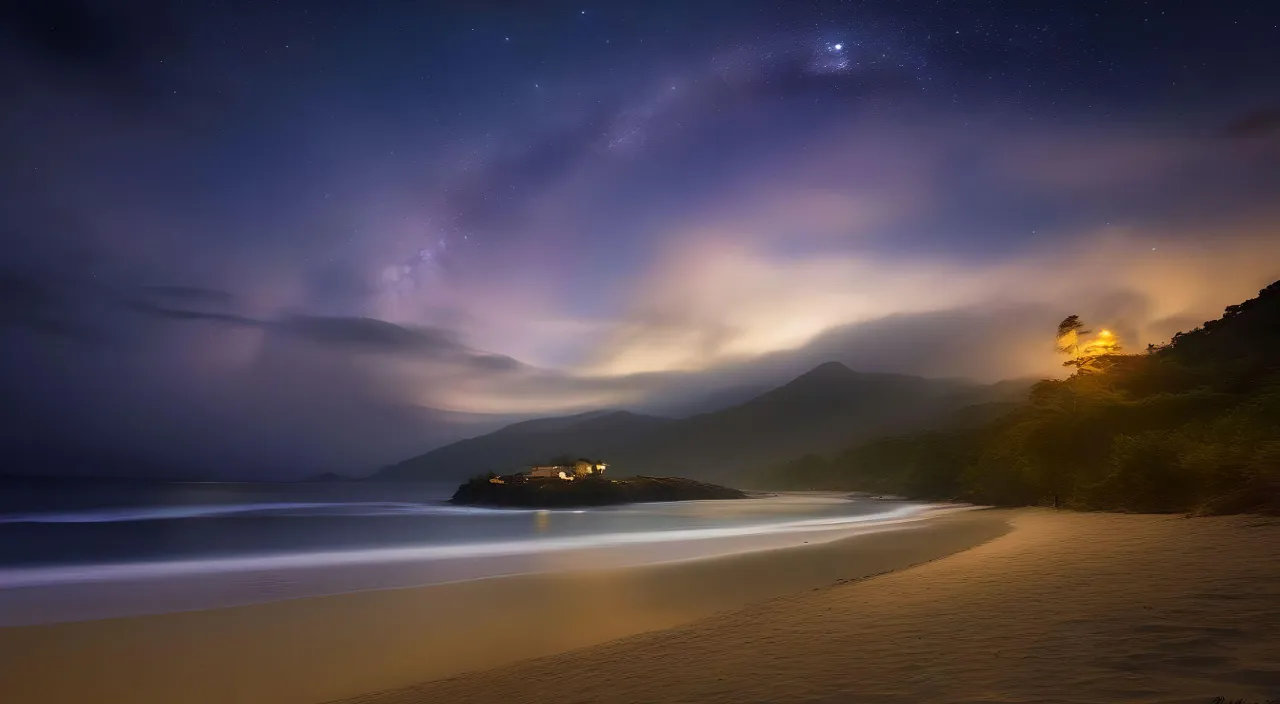 a long exposure photo of the night sky over a beach