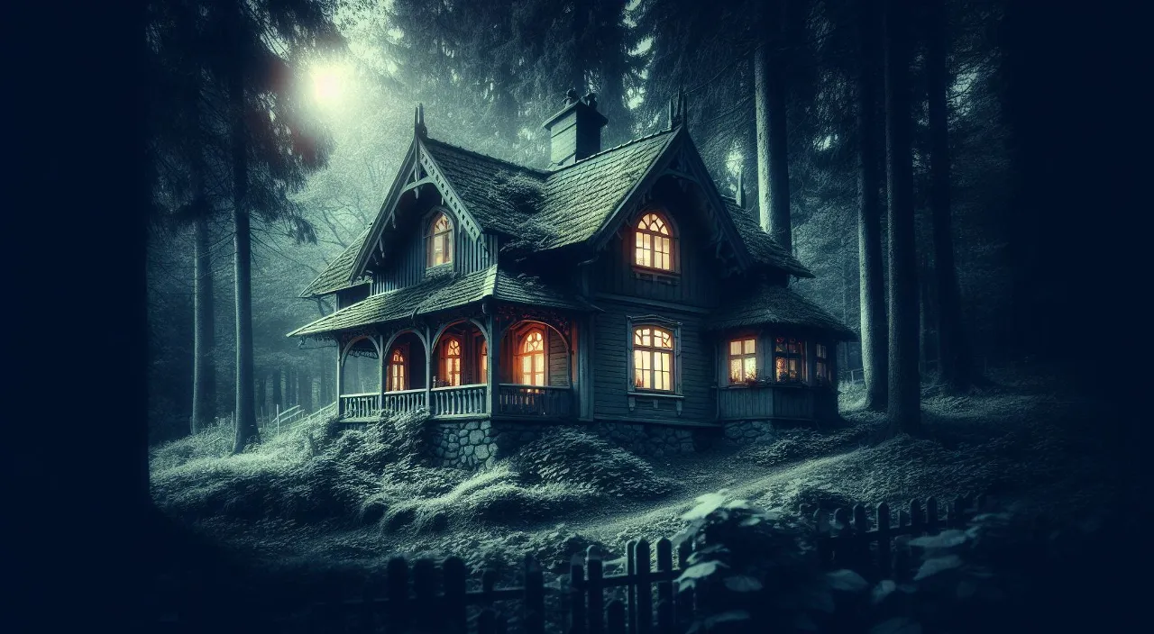 a house in the middle of a forest at night