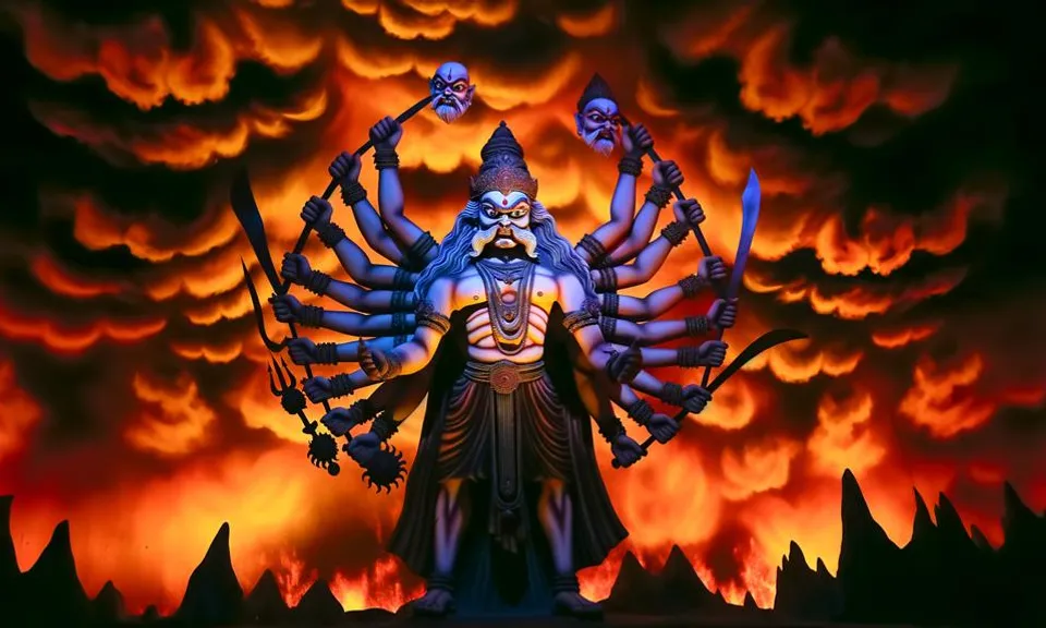 a statue of a demon standing in front of a fire filled sky