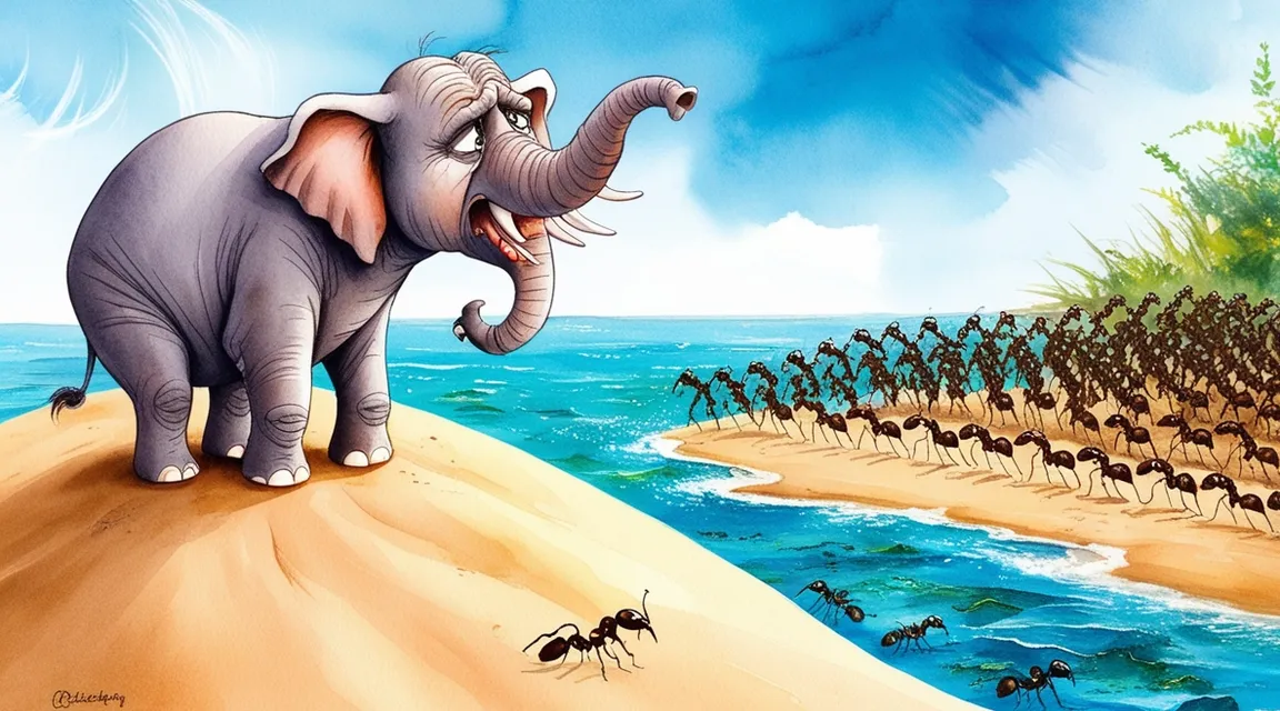 a painting of an elephant standing on top of a beach