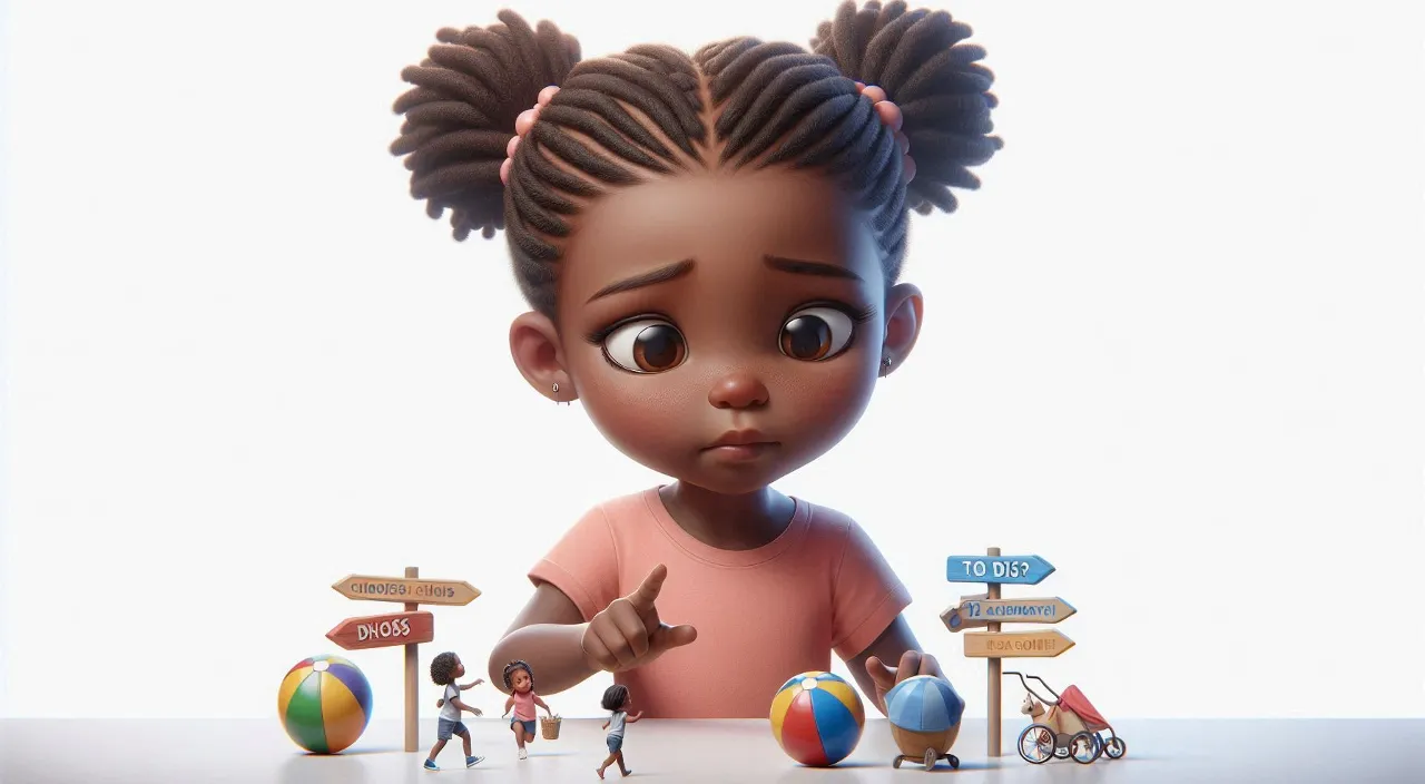 a little girl with big eyes standing in front of a bunch of toys