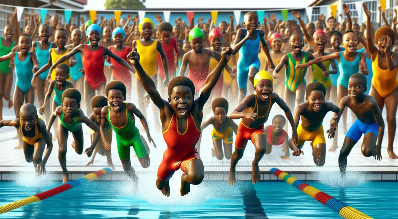 a group of people jumping into a swimming pool