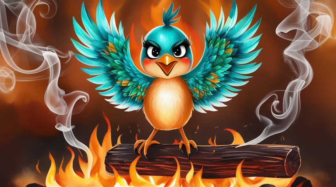 a bird with blue wings sitting on a log in front of a fire