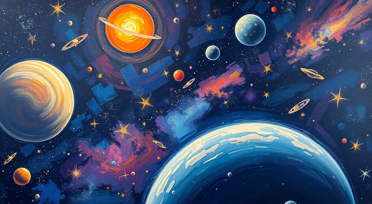 a painting of a solar system with planets and stars