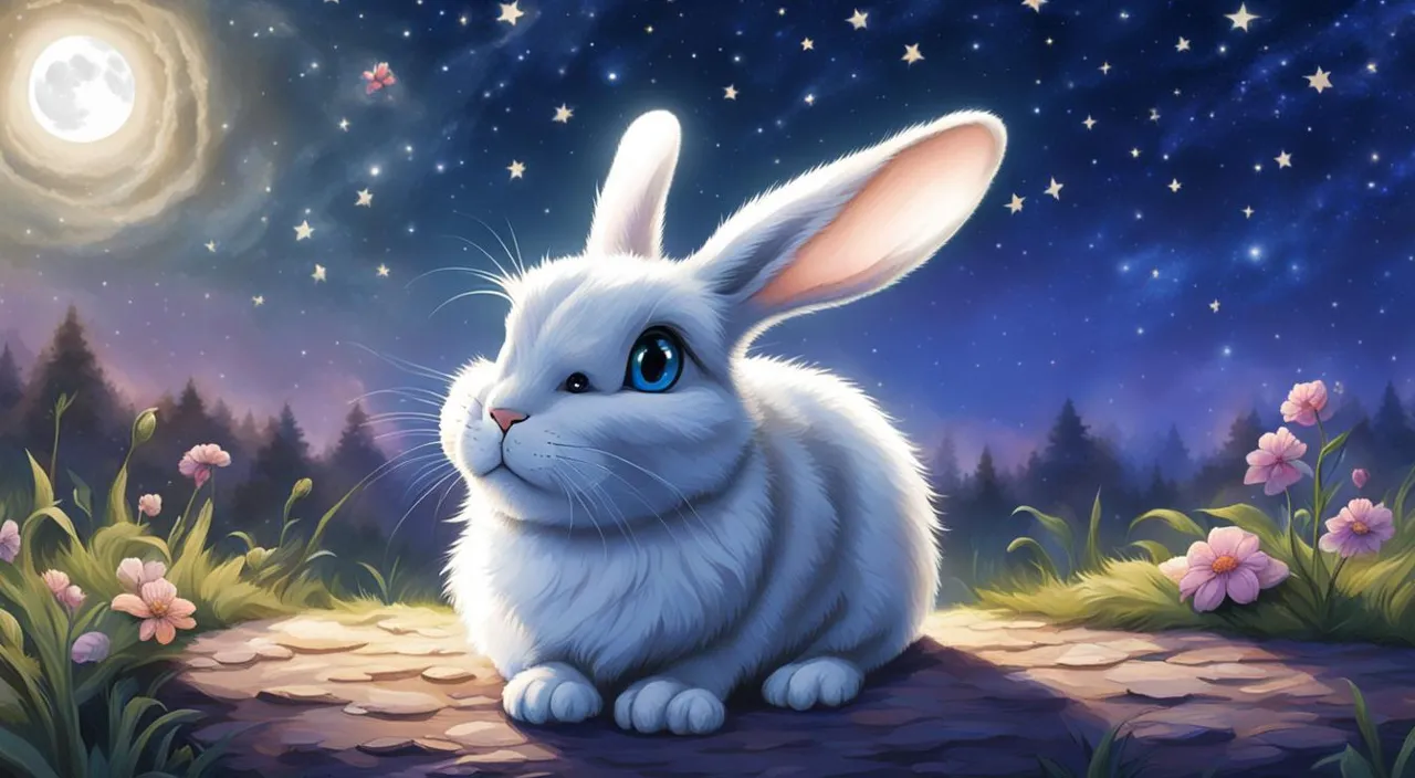 a painting of a white rabbit sitting in the grass