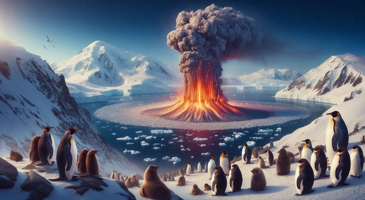 a group of penguins standing in front of a volcano