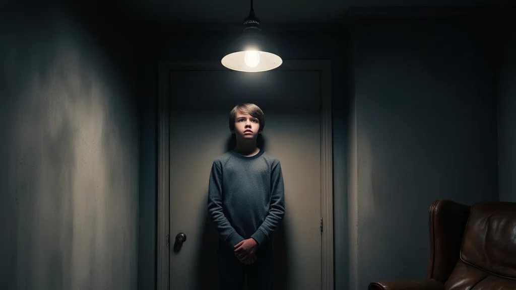 a young man standing in a dark hallway, detailed. cinematically dramatic, hyper realistic, cinematic view, stability