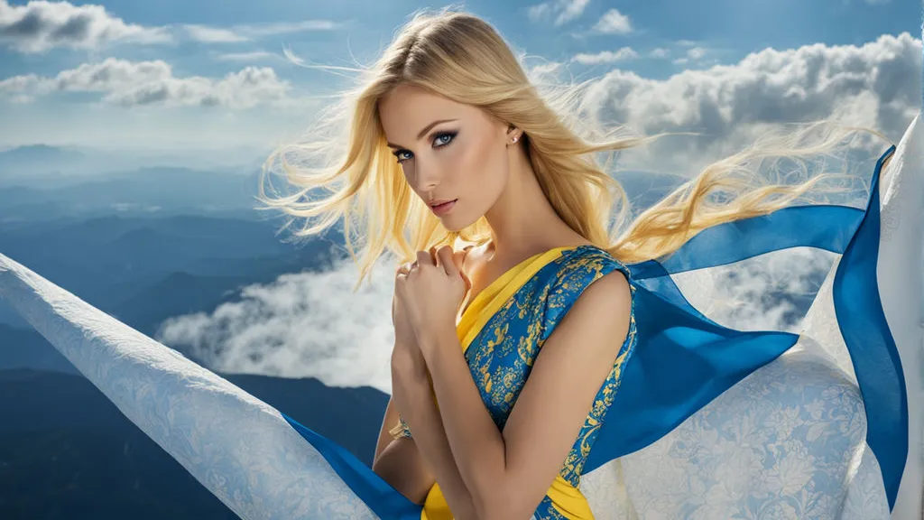 on top, macro, super sharp a beautiful blond woman in a blue and yellow dress. long hair