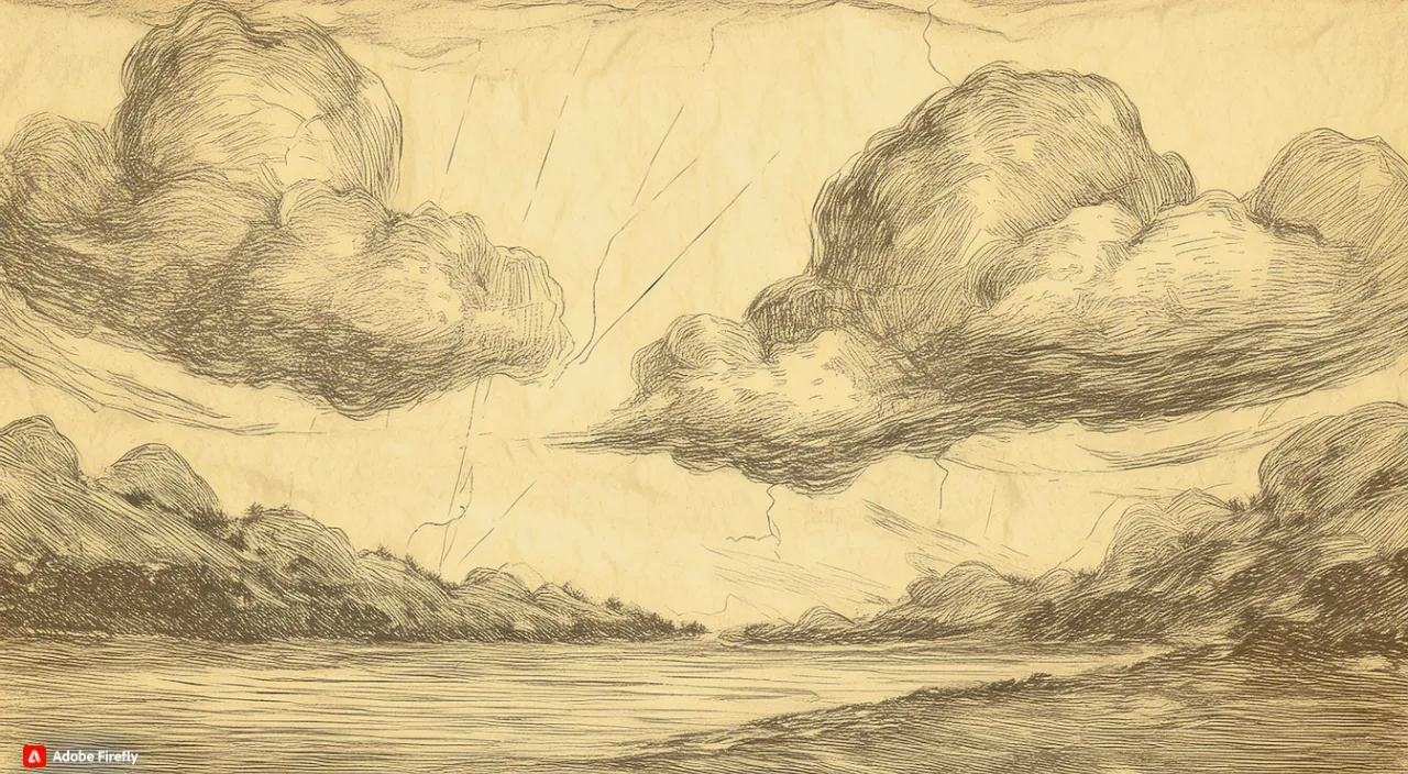 a drawing of clouds over a body of water