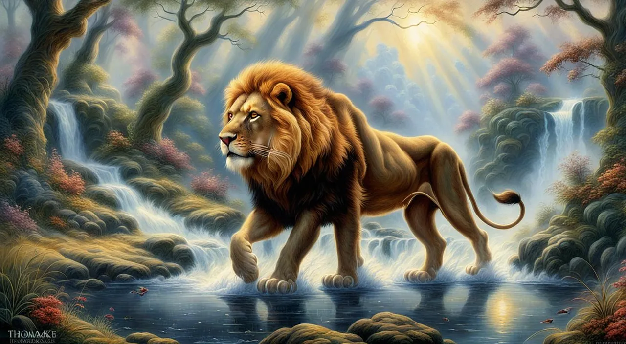 a painting of a lion in a forest