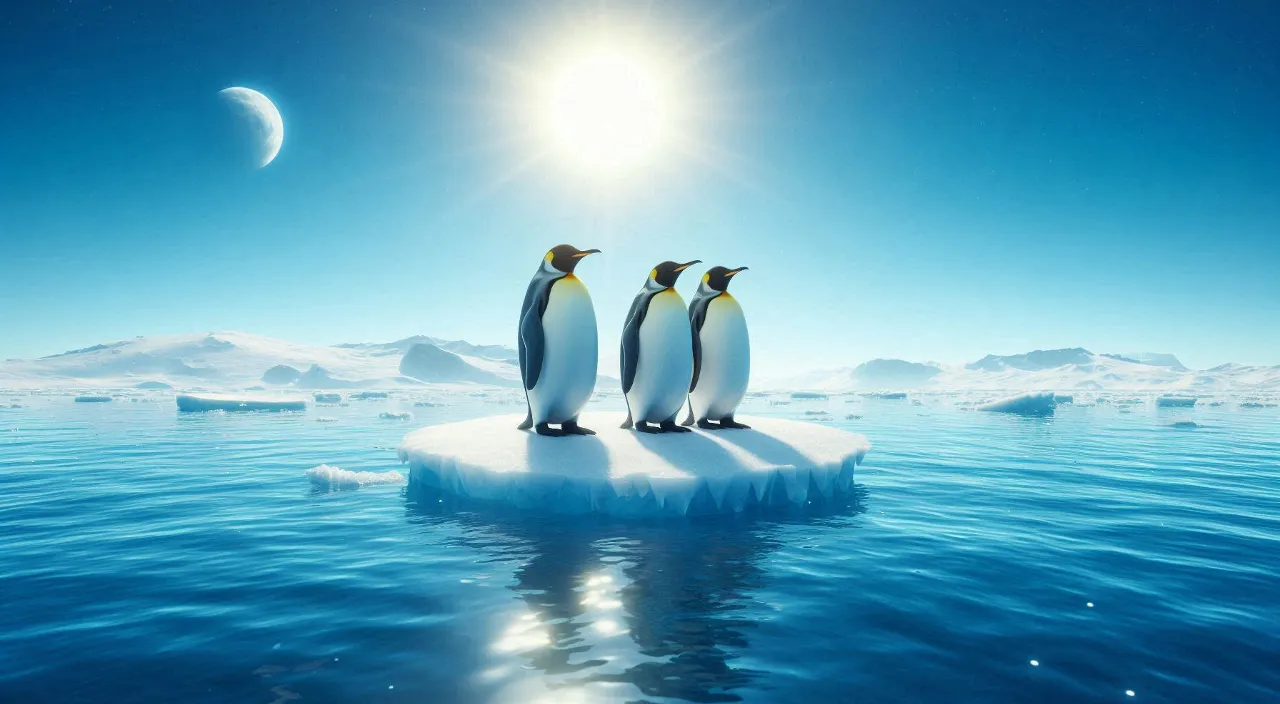 three penguins standing on an iceberg in the ocean and tensed