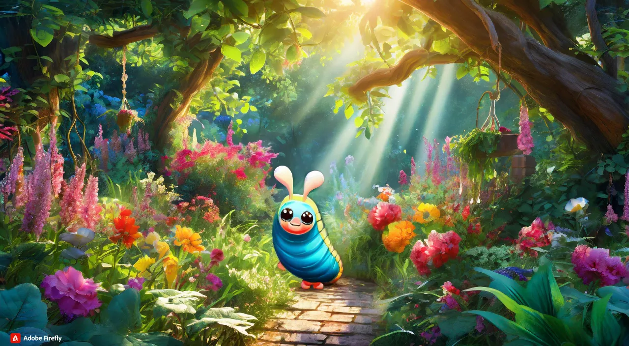 a cartoon character is walking through a garden happily