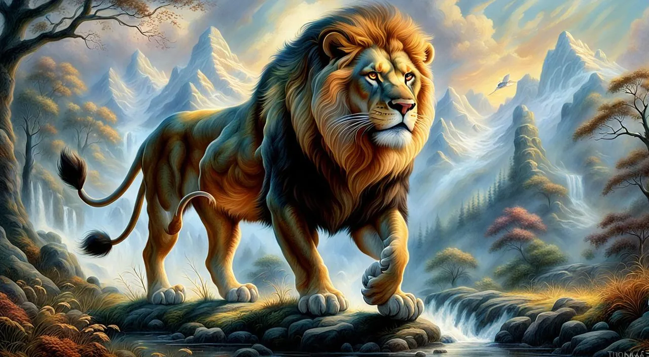 a painting of a lion standing in a forest