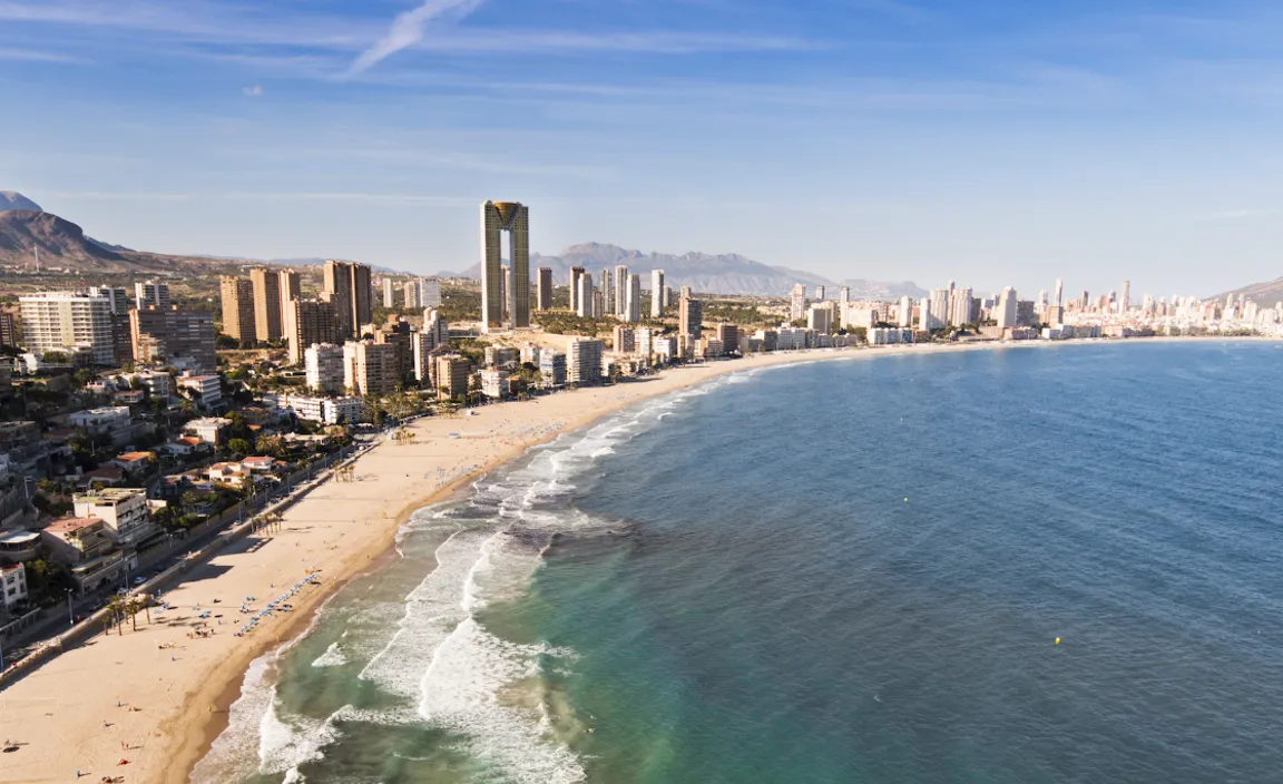 an aerial view of a beach with a city in the background at the donn