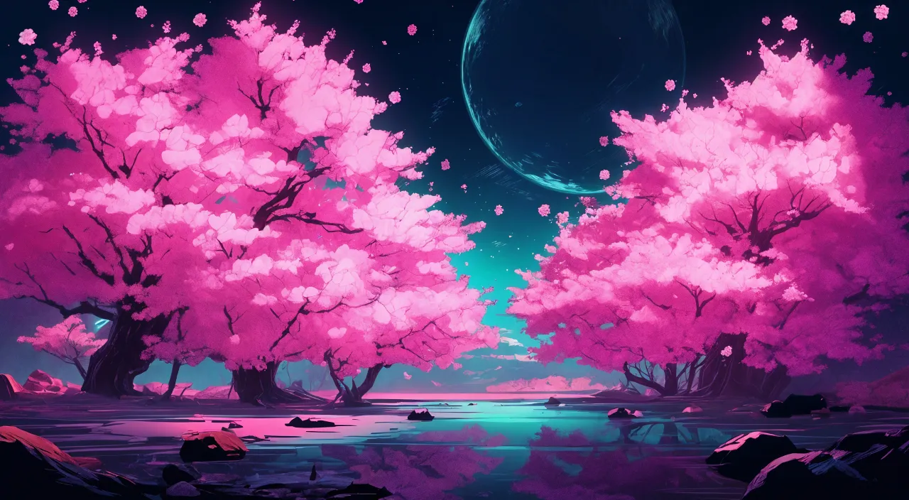 a painting of pink trees in a forest with stars and a planet above