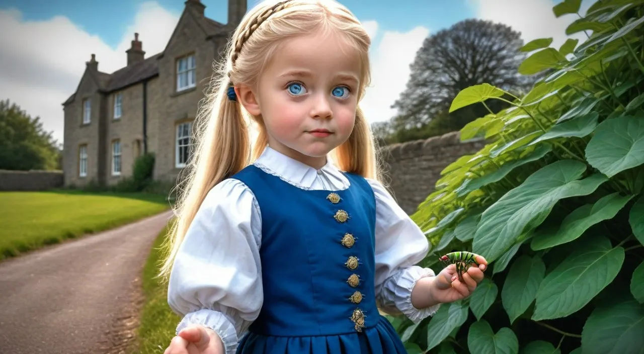 a little girl in a blue dress standing in front of a house