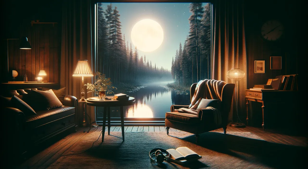 a living room filled with furniture and a large window with a view of a full moon rising.