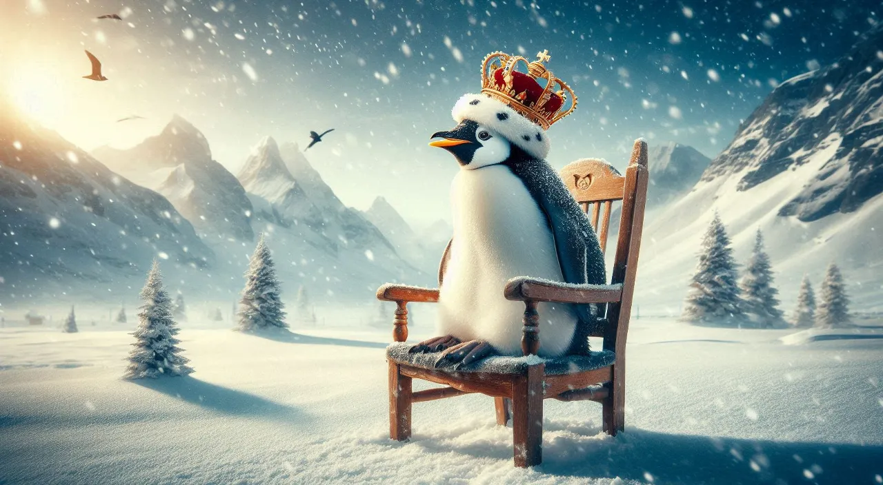 a penguin sitting in a chair with a crown on its head and other penguins are in front of the chair