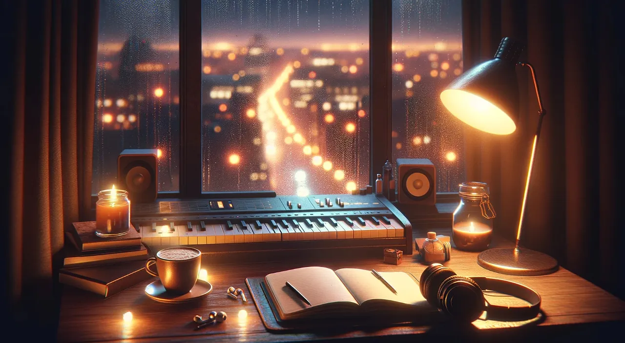 a desk with a book, a lamp, a keyboard and a book on it an rain outside the window