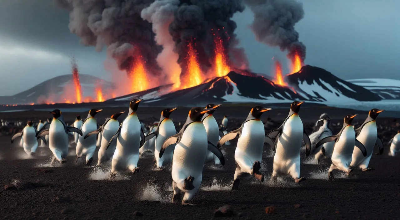 a group of penguins walking in front of a volcano