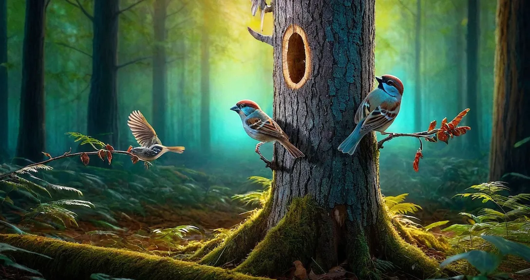 in the forest landscape, two beautiful, vibrant plumage two sparrow animatedly telling to woodpecker about the incident, with expressive gestures and sad expressions.    The scene is rendered in vibrant 3D, with rich, saturated colors and detailed textures to bring the environment to life.