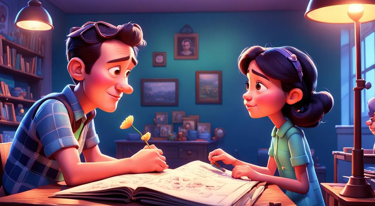 a boy and a girl sitting at a table looking at a book