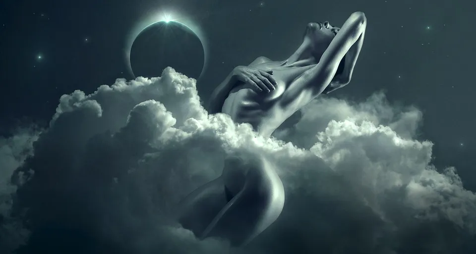 a woman floating in the clouds with a moon in the background