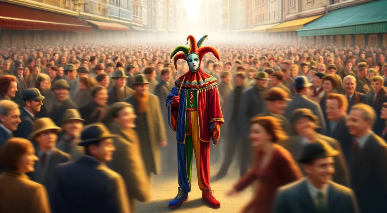 a clown standing in front of a crowd of people