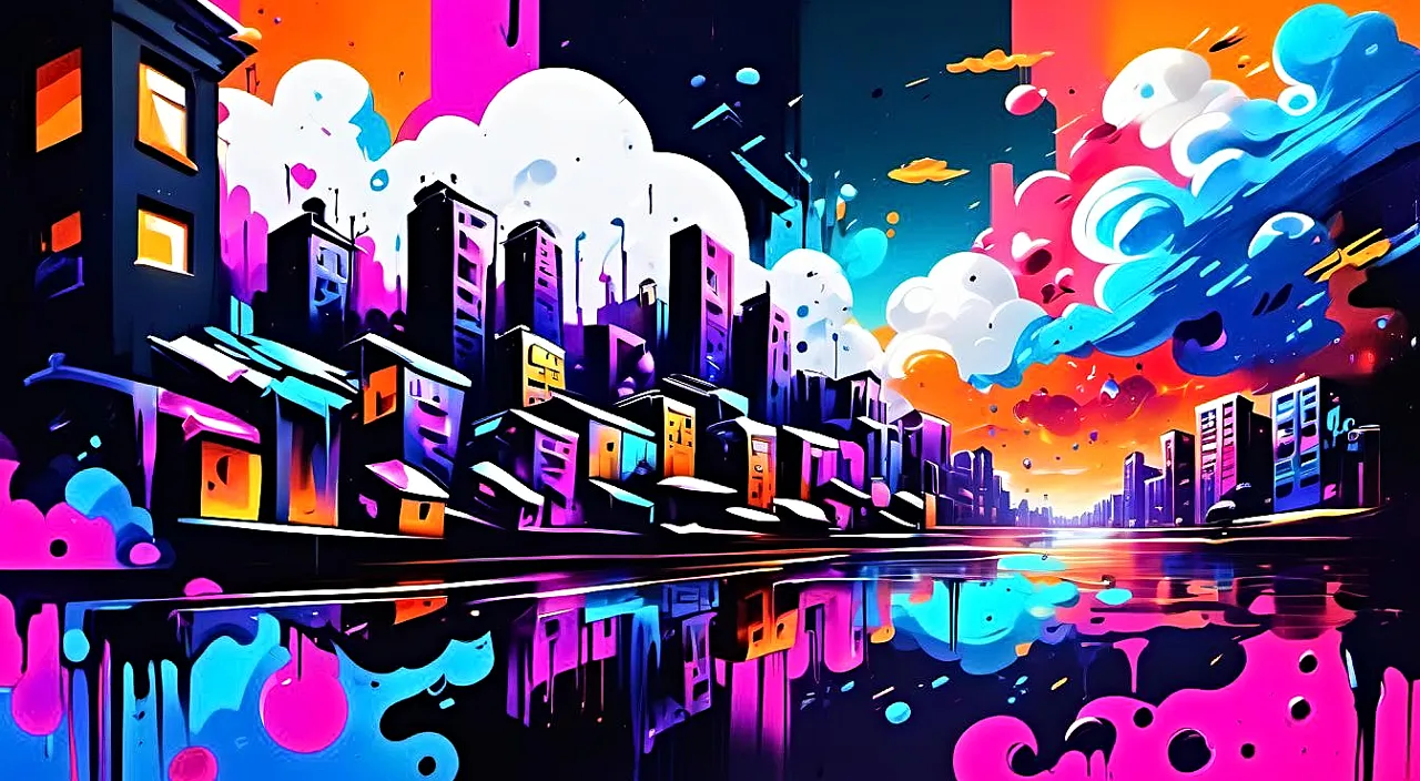 A bright and colorful city skyline at sunrise, with dreamy clouds in the background