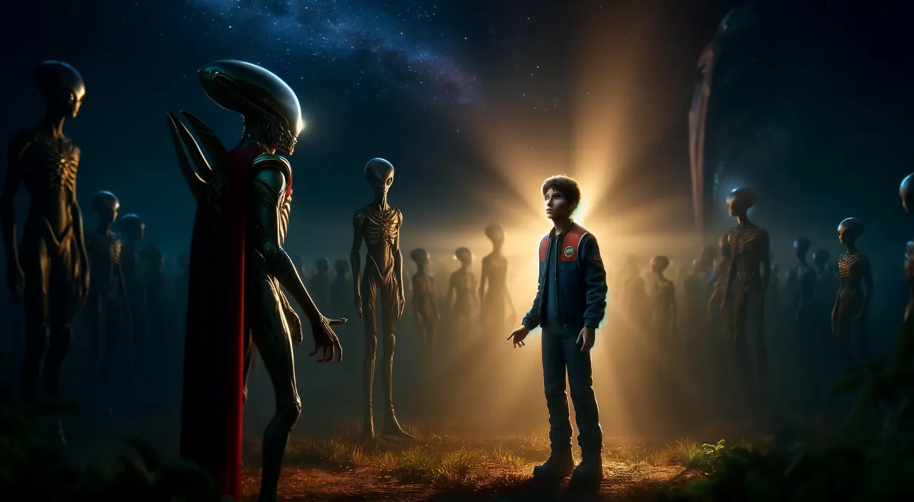 a man standing in front of a group of aliens