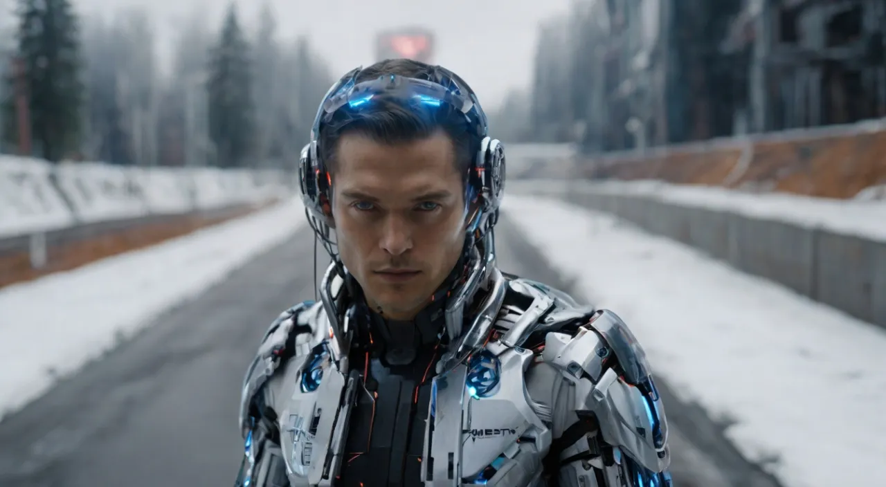 A man in futuristic suit standing on an endless desert road, surrounded by otherworldly rock formations