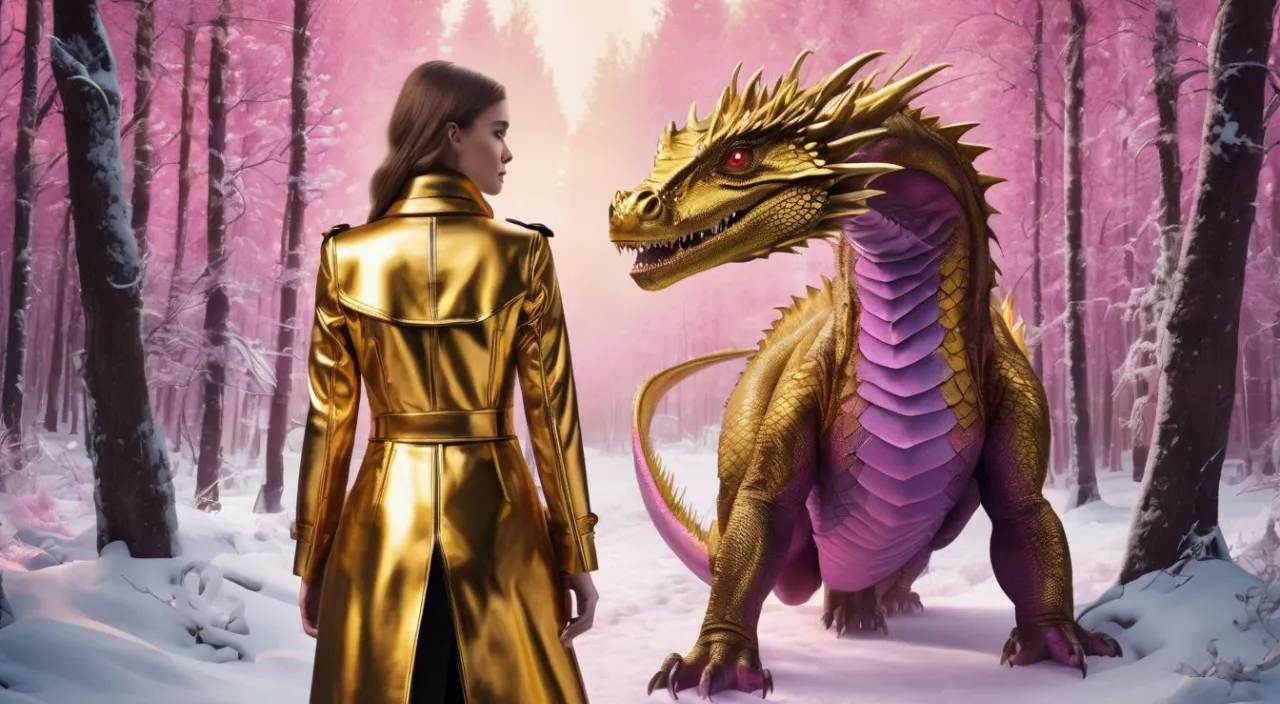 a woman standing next to a golden dragon