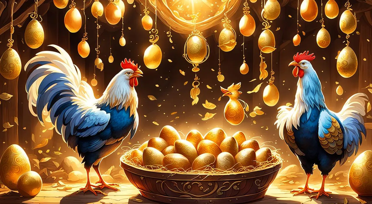 two roosters standing next to a basket of eggs