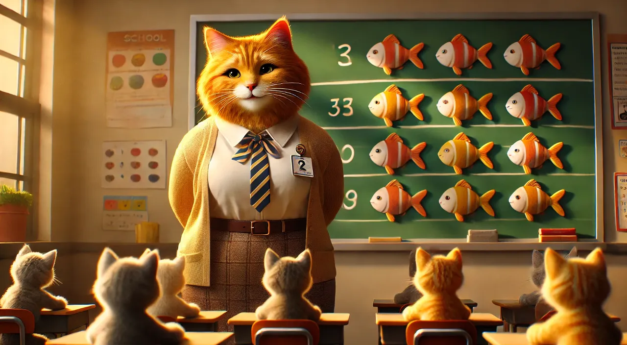 a cat standing in front of a classroom full of cats