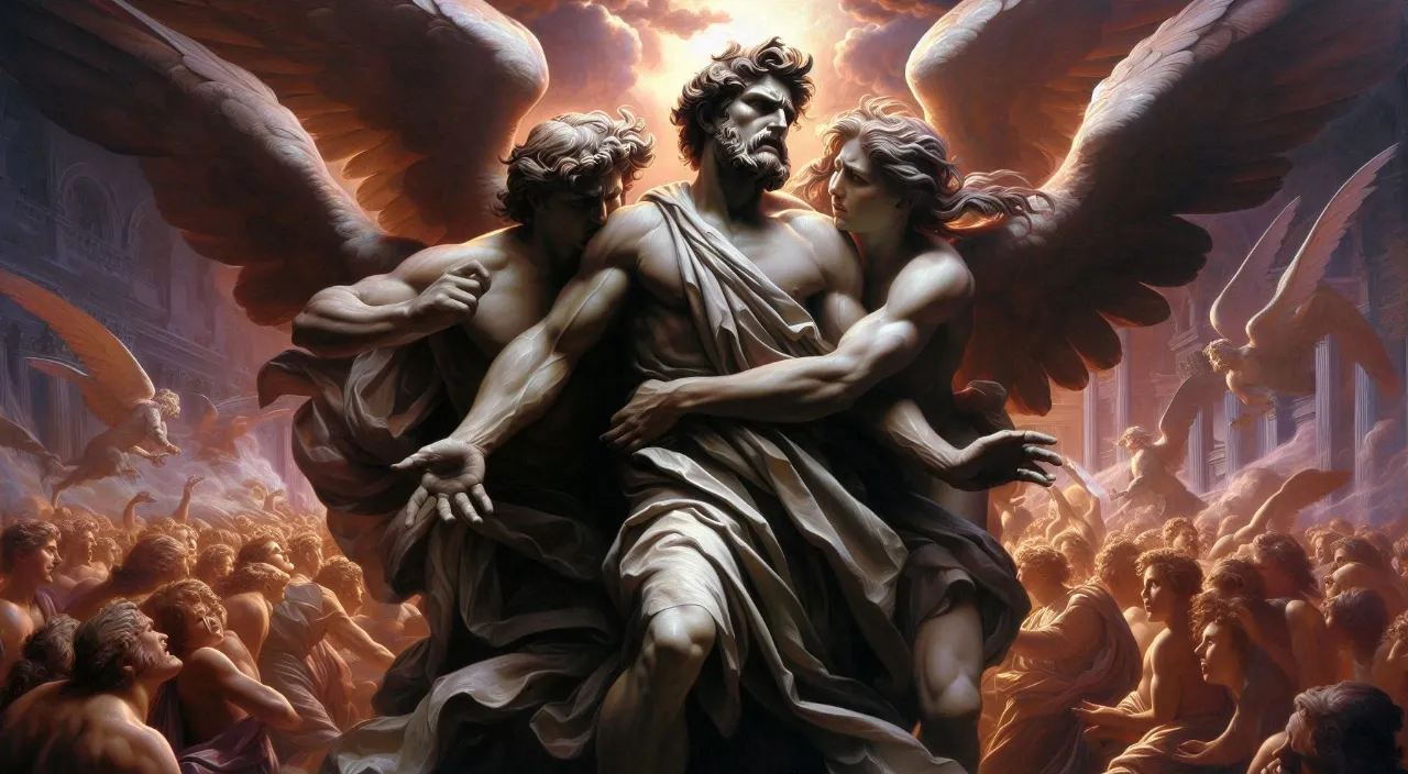 a painting of a man being hugged by two angels