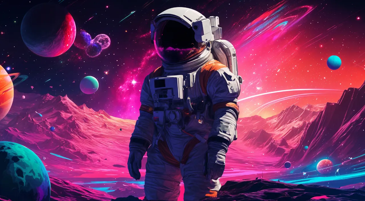 a space man standing in front of planets and mountains