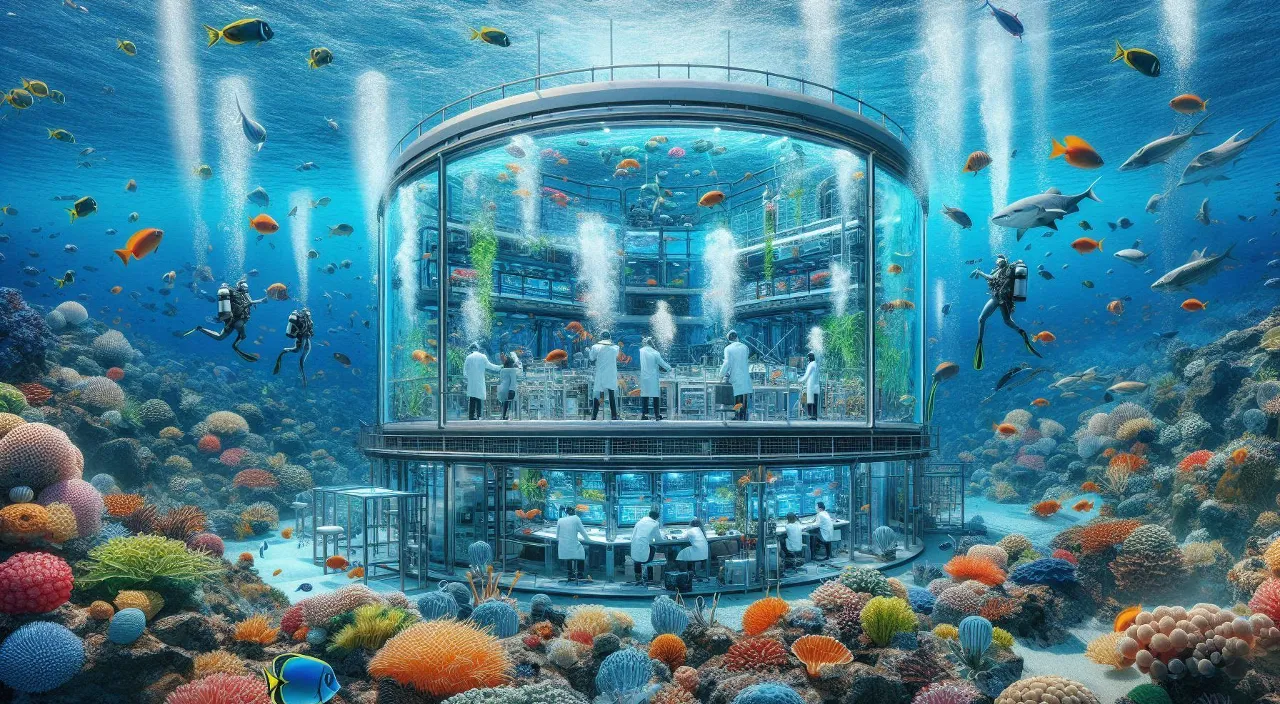 a large underwater aquarium with a research lab