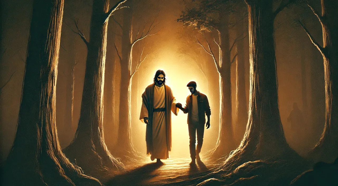 a painting of two people walking through a forest