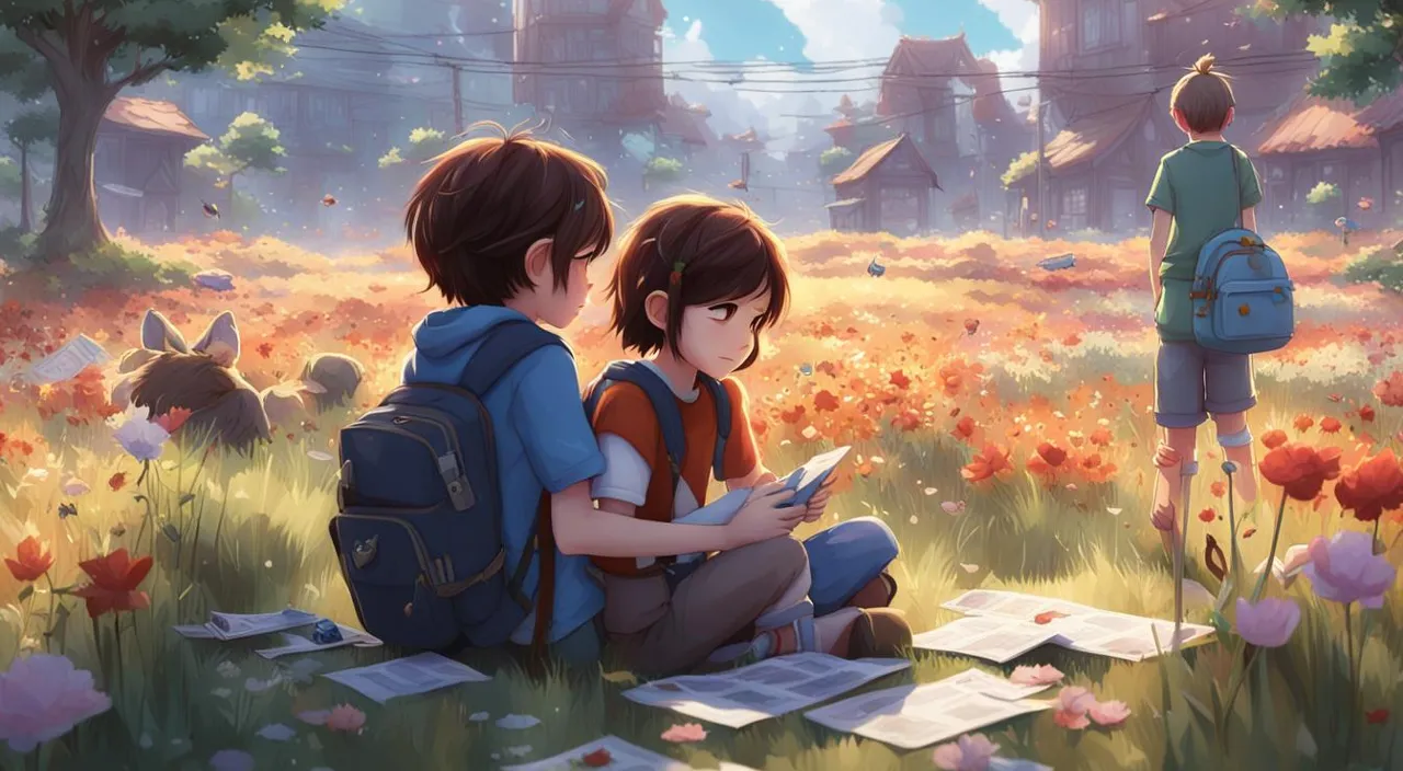 a couple of kids sitting on top of a field