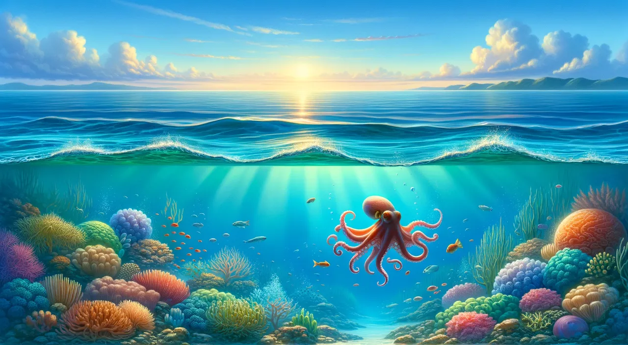 a painting of an octopus swimming in the ocean