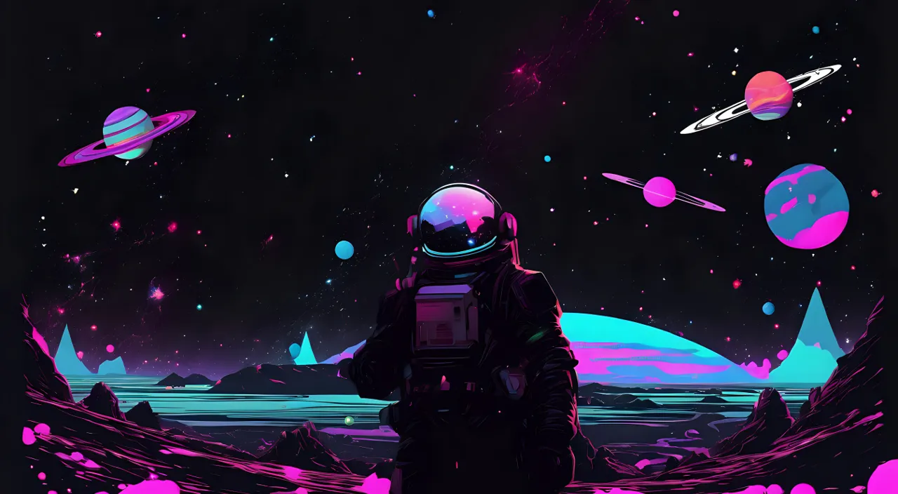 an astronaut surrounded by stars and planets