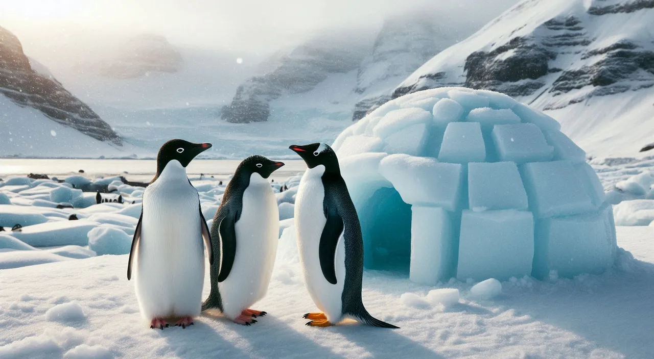 two penguins standing next to each other in the snow igloo