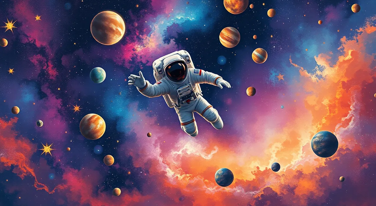 a painting of an astronaut floating in space surrounded by planets