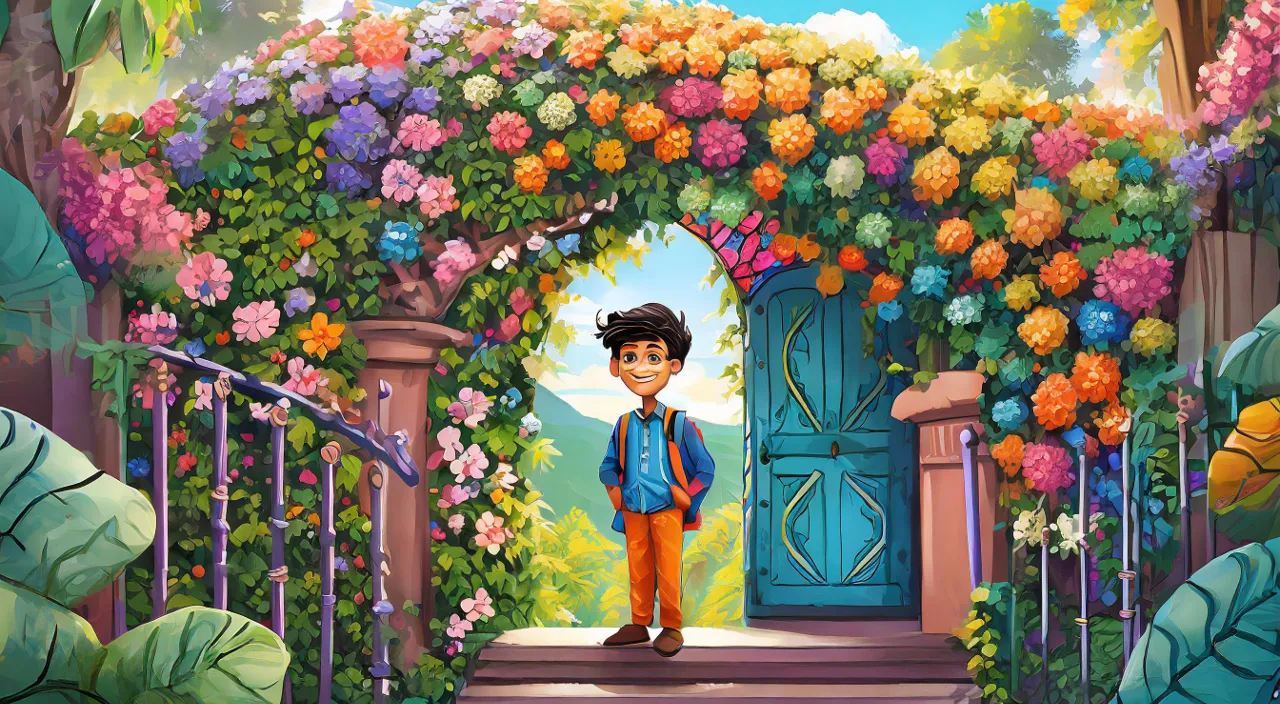 a painting of a boy standing in front of a blue door