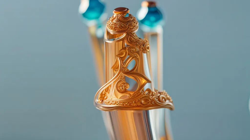 a close up of a gold pen with a blue background