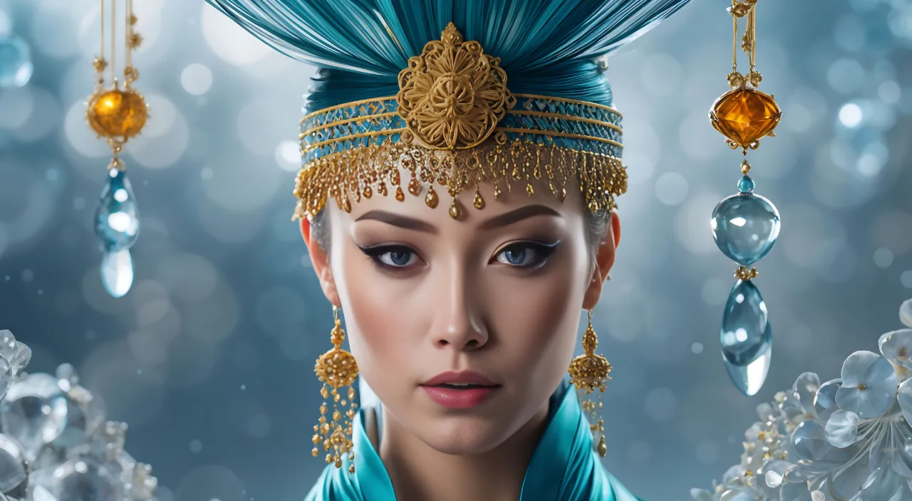 Super realistically, Hyper-detailed, Head turn, eyes to the camera, a woman wearing a blue headpiece and jewelry